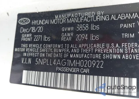 2021 Hyundai Elantra Se from USA, damaged, VIN 5NPLL4AG1MH020922